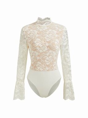 FLORAL LACE STAND COLLAR RUFFLE LONG SLEEVE BODYSUIT